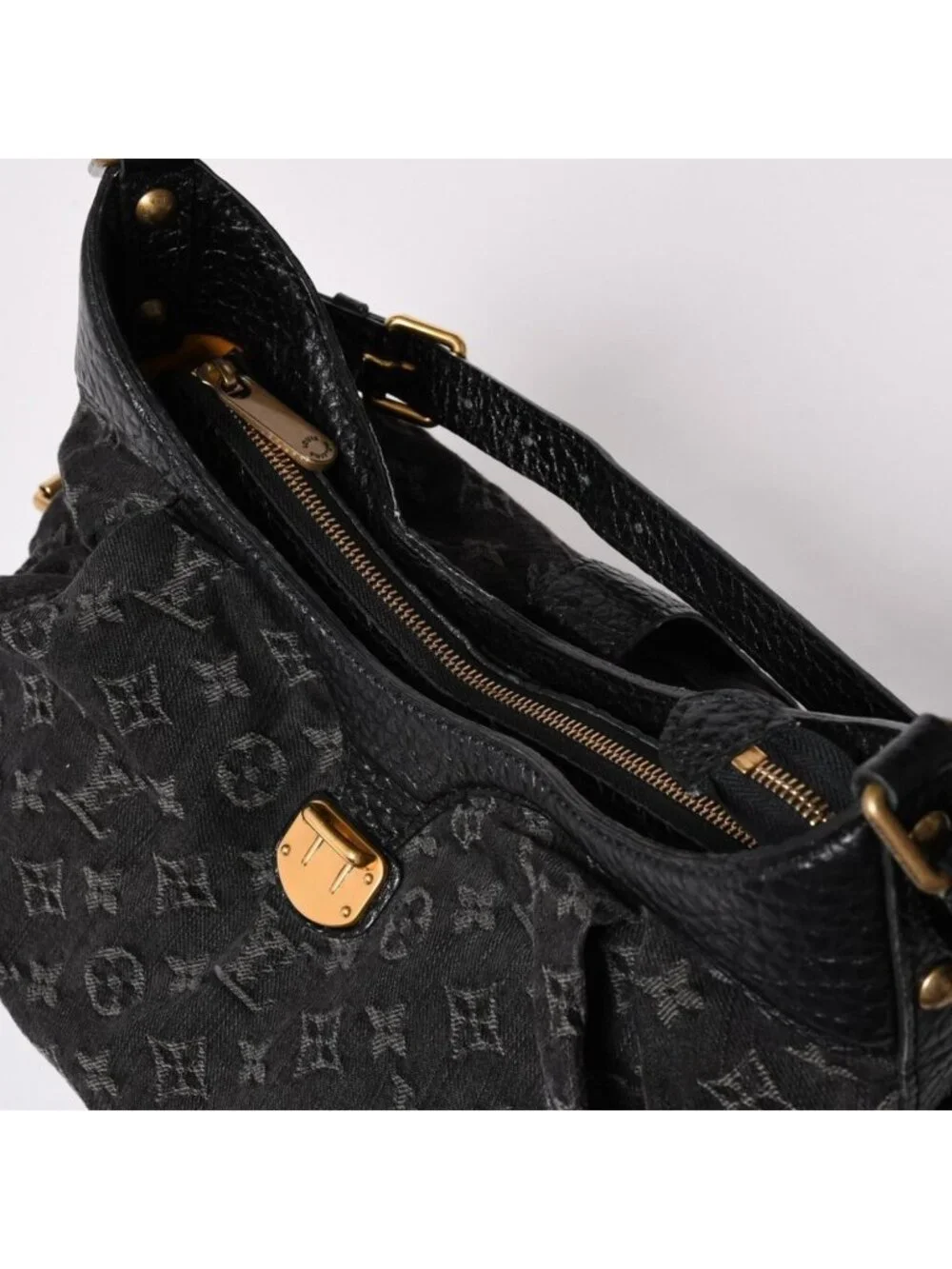 Louis Vuitton Shoulder Bag Slightly Monogram Denim Black Gold